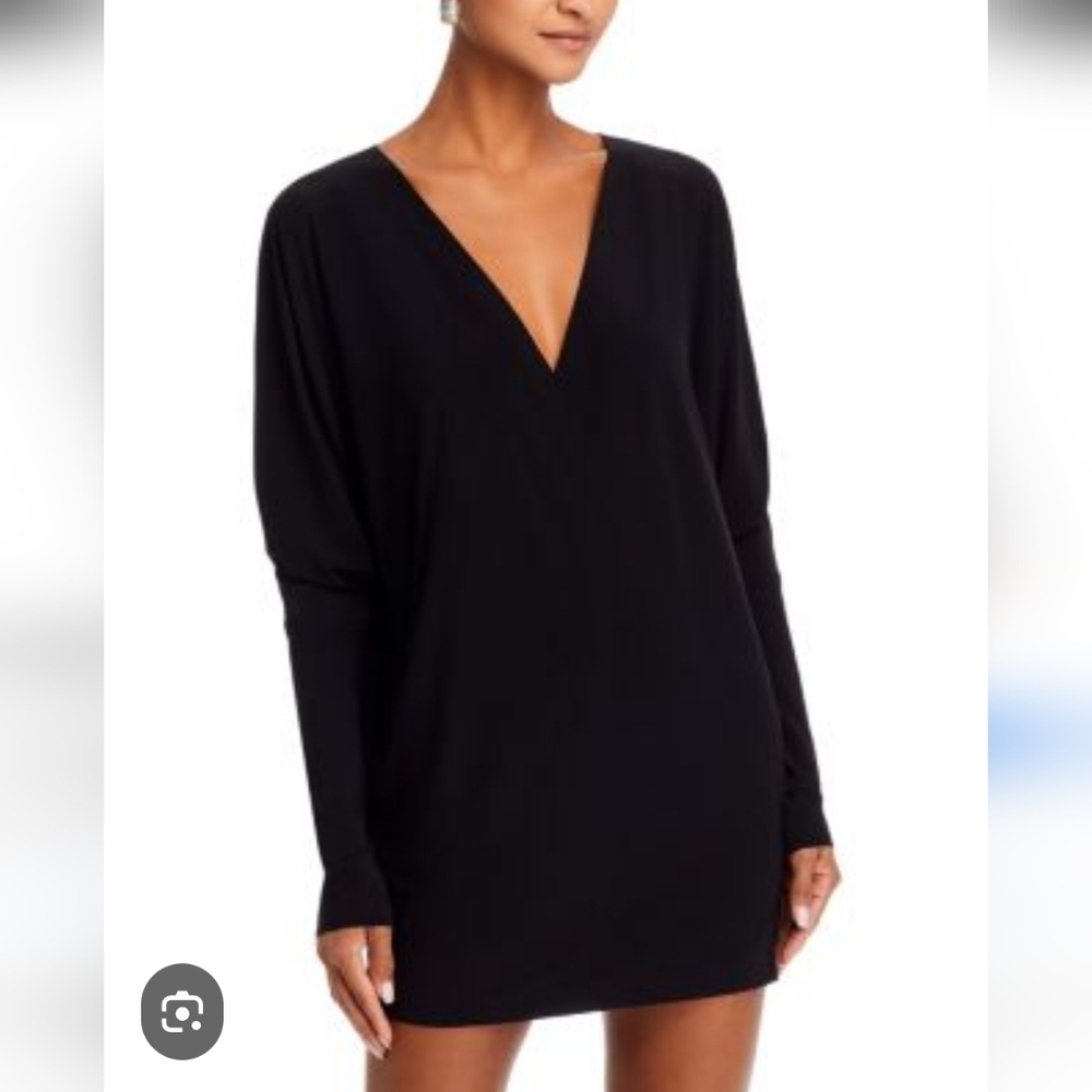 Norma Kamali Elegant Black V Neck Long Knit Top Mini Sweater Dress Size Medium